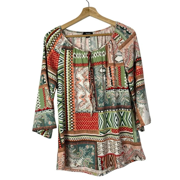 Tacera Green & Orange Mixed Print Long Sleeve Blouse S - Picture 1 of 4